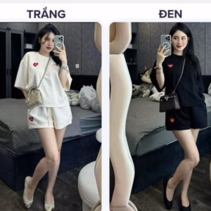 Set Bộ Đồ Ngắn Mặc Nhà Đi Chơi Dạo Phố Cổ Tròn Thêu Trái Tim Chất Thun Cotton Thoáng Mát -Htm Fashion