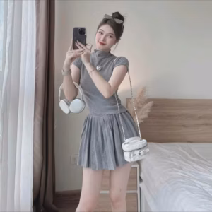 Set Đồ Nữ Chân Váy Áo Cổ 3 Phân Tăm Trơn,Chân Váy Ngắn Xếp Ly Siêu Cá Tính Bộ Đồ Nữ 40-60Kg