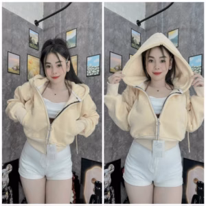 Áo Khoác Nỉ Crotop Nữ Phối Khóa Kéo Có Nón Thiết Kế Mẫu Trơn -Htm Fashion