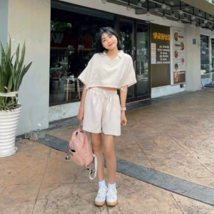 Set Đồ Bộ Mặc Nhà Đi Chơi Dạo Phố Dáng Lửng Croptop Chất Tổ Ong Mềm Mịn Cổ Trụ Tim Có Dây Khoen Rút Quần Có Dây Luồng Đi - Sht164 - Minh Hà House