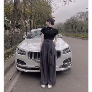 Set Áo Thun + Quần Ống Rộng Xuông Xếp Ly Buộc Eo Chất Thô Nhật