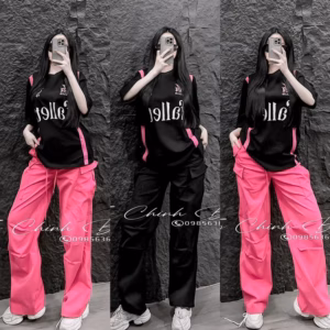 Set Bộ Đồ Kiểu Nữ Quần Dáng Suông Phối Túi Hộp Áo In Chữ Phong Cách Cá Tính -Htm Fashion