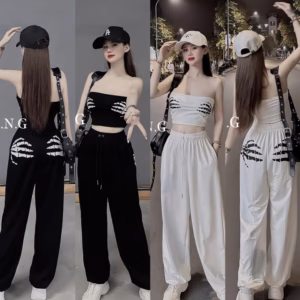 Set Bộ Áo Quây In Bàn Tay Crotop Phối Quần Ống Rộng Dài Thể Thao -Htm Fashion