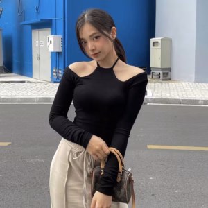 Áo Thun Tay Dài Cổ Yếm Vạt Bầu Ôm Body Gu479I- Nana House