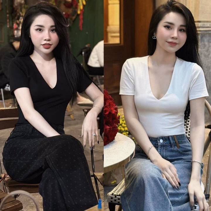 Áo Thun Tay Ngắn Cổ Khoét V Dáng Dài Nữ Trơn Ôm Body Ug378- Sam Store - Ảnh 11