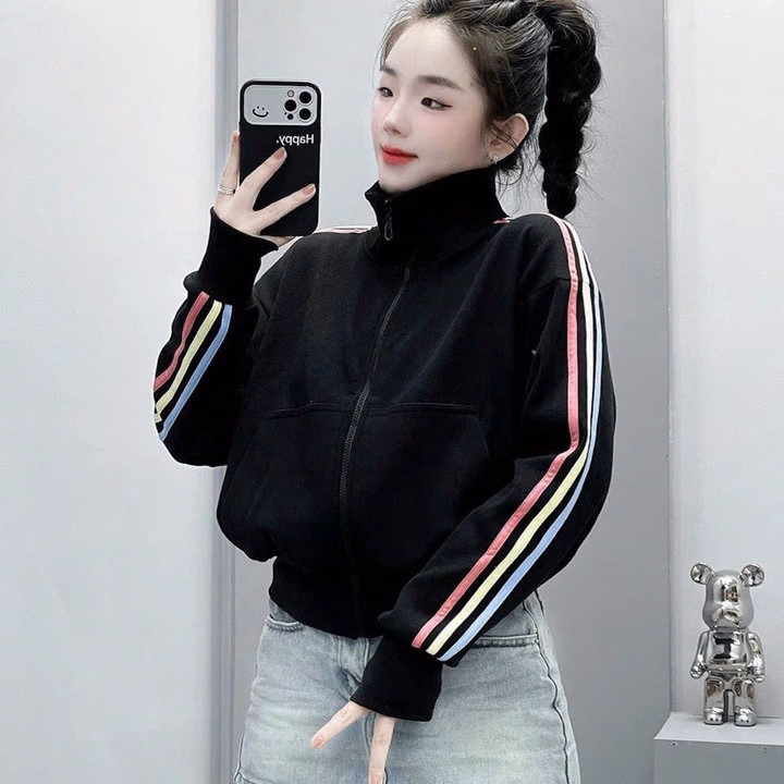 Áo Khoác Nỉ Croptop Có Túi Trong Phối Tay 3 Sọc Cầu Vồng Thiết Kế Tay Xỏ Ngón -Htm Fashion - Ảnh 2