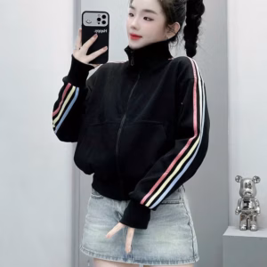 Áo Khoác Nữ Form Lửng Vải Nỉ Ngoại Phối Sọc Tay Cầu Vồng Có Túi Trong Ut65 - Phương Store