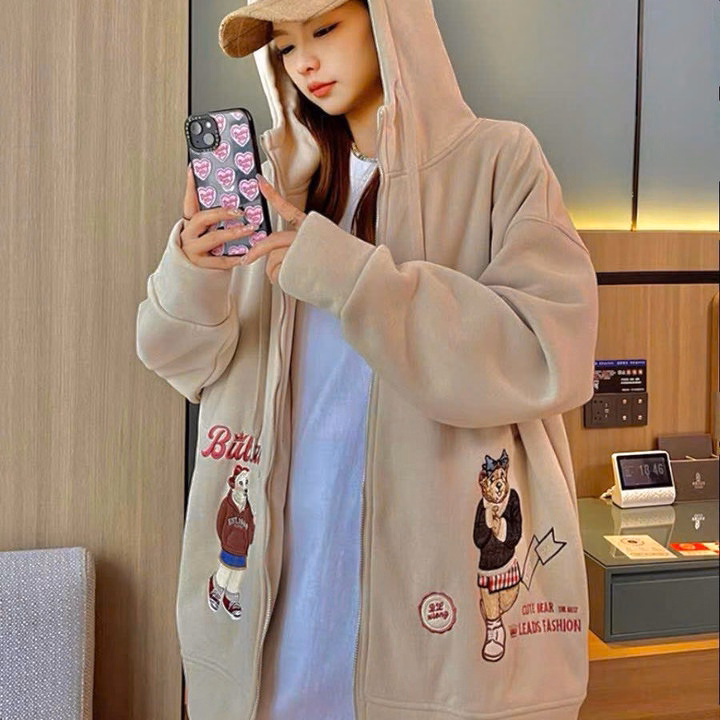Áo Khoác Hoodie Nam Nữ Phối Khóa Kéo Thêu Chú Gấu Đá Bóng Form Rộng Có Nón -Htm Fashion - Ảnh 5