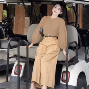 Set Áo Vân Mây Phối Quần Cotton Lạnh Kèm Đai Bt105R- Nana House