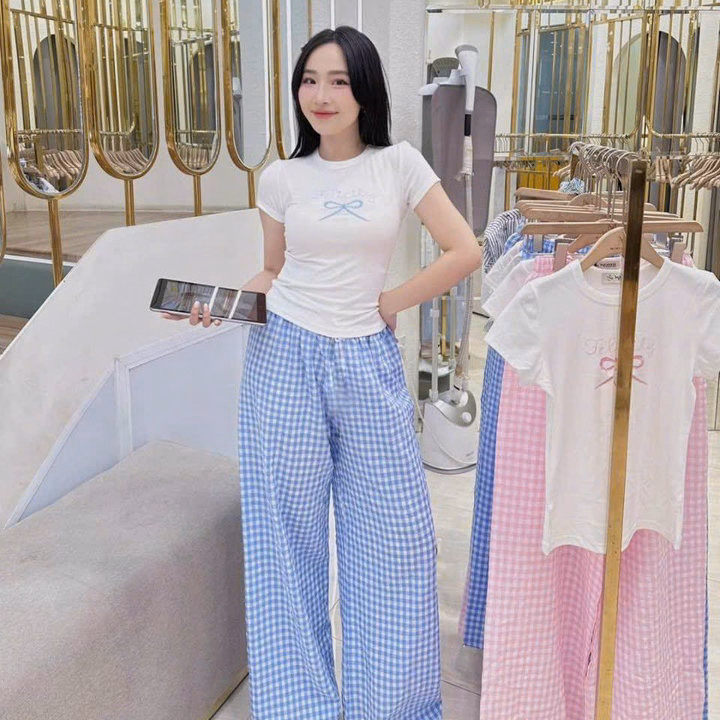 Set Bộ Áo Thun Tăm Lạnh Phối Quần Đũi Xốp Caro Bh8009I- Nana House