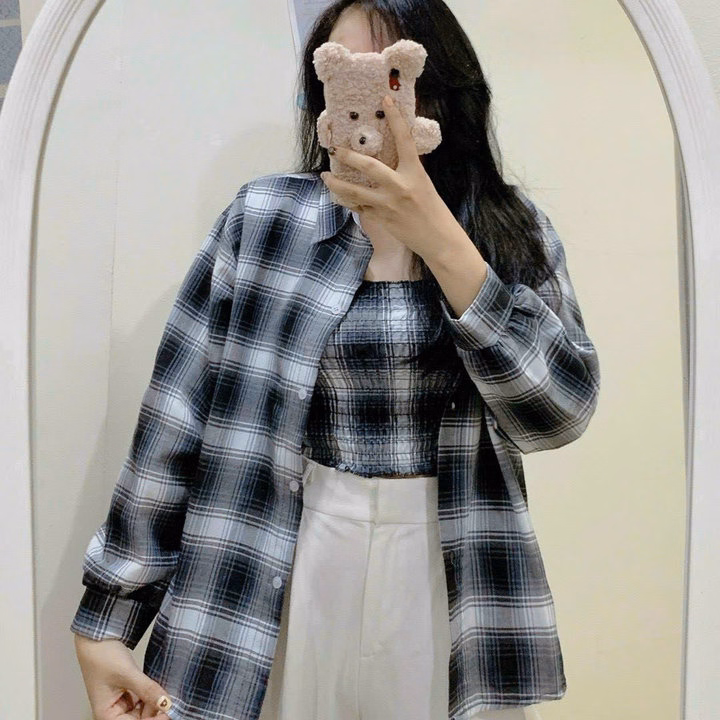 Set Áo Sơ Mi Caro Nữ Vải Kate Mịn ( Áo Ống Phối Áo Khoác Ngoài ) Diêu Xinh Cho Các Nàng Tp85 - Golden Dream - Ảnh 2