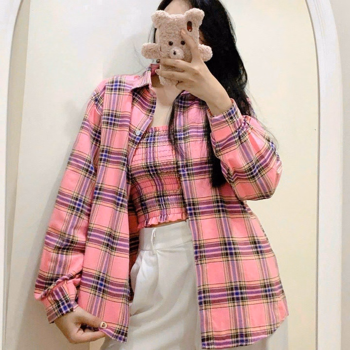 Set Áo Sơ Mi Caro Nữ Vải Kate Mịn ( Áo Ống Phối Áo Khoác Ngoài ) Diêu Xinh Cho Các Nàng Tp85 - Golden Dream - Ảnh 4