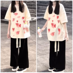 Sét Bộ Quần Ống Rộng Dây Rút Bản To + Mix Áo Phông Form Rộng Trái Tim Be