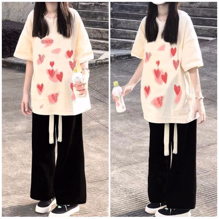 Sét Bộ Quần Ống Rộng Dây Rút Bản To + Mix Áo Phông Form Rộng Trái Tim Be