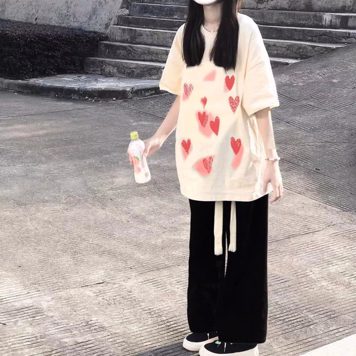 Sét Bộ Quần Ống Rộng Dây Rút Bản To + Mix Áo Phông Form Rộng Trái Tim Be - Ảnh 3