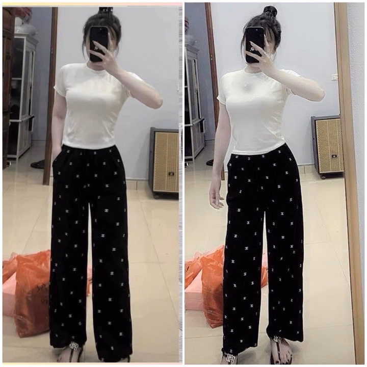 Sét Bộ Quần Chenal Chờ Neo + Mix Áo Croptop Trơn Chất Tăm Cổ Tròn Dáng Ngắn Cộc Tay - Ảnh 2