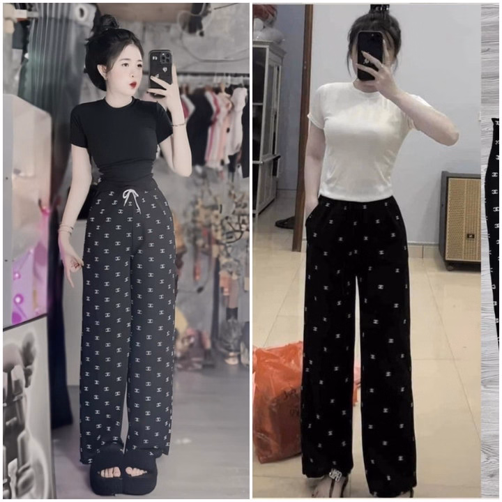 Sét Bộ Quần Chenal Chờ Neo + Mix Áo Croptop Trơn Chất Tăm Cổ Tròn Dáng Ngắn Cộc Tay