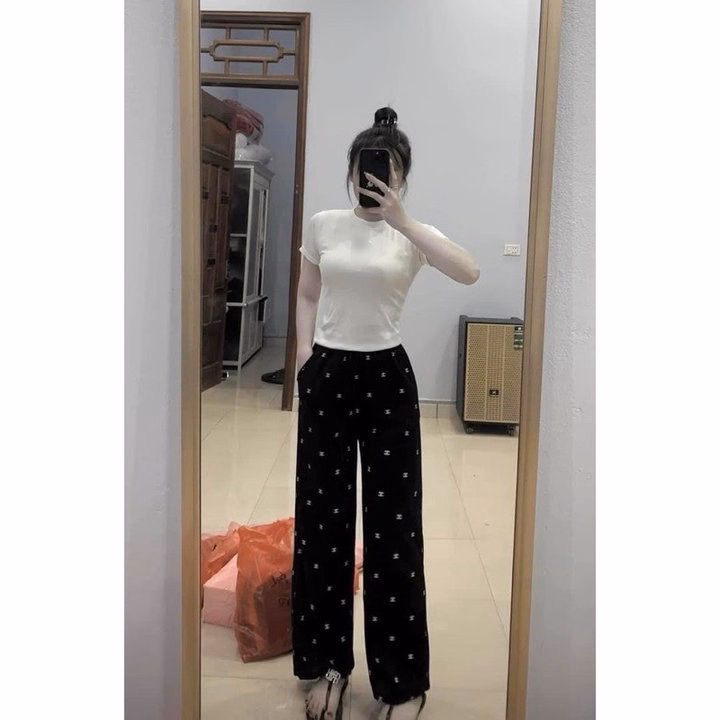 Sét Bộ Quần Chenal Chờ Neo + Mix Áo Croptop Trơn Chất Tăm Cổ Tròn Dáng Ngắn Cộc Tay - Ảnh 3