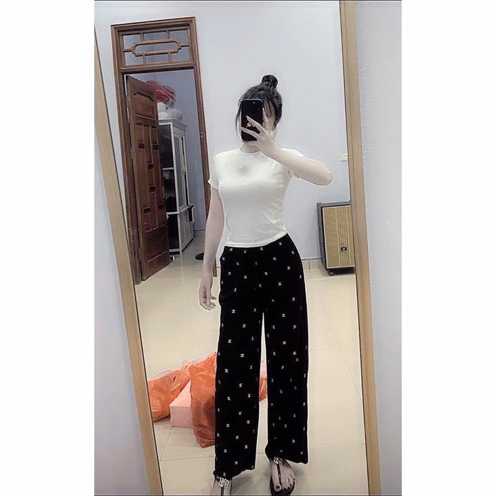 Sét Bộ Quần Chenal Chờ Neo + Mix Áo Croptop Trơn Chất Tăm Cổ Tròn Dáng Ngắn Cộc Tay - Ảnh 4