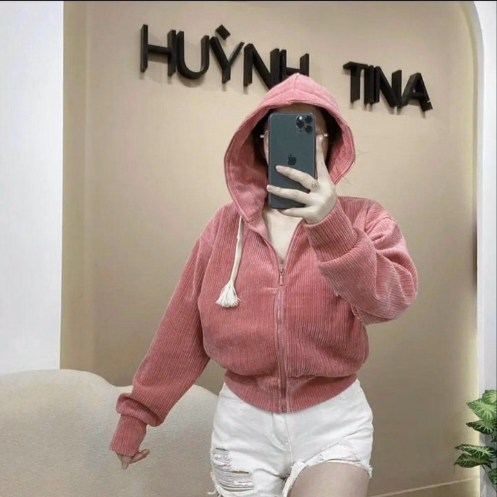 Áo Khoác Nhung Gân Nữ Phối Khóa Kéo Full Nón Thiết Kế Mẫu Trơn -Htm Fashion