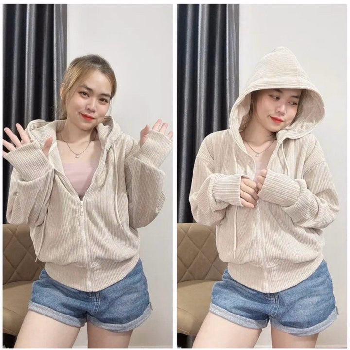 Áo Khoác Nhung Gân Nữ Phối Khóa Kéo Full Nón Thiết Kế Mẫu Trơn -Htm Fashion - Ảnh 3