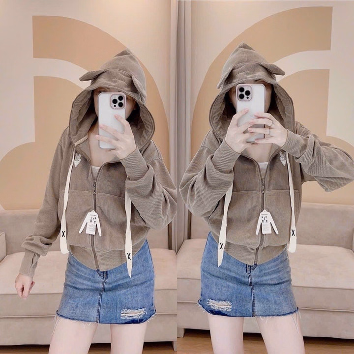 Áo Khoác Nhung Gân Nữ Dáng Lửng Phối Tai Thỏ Ở Nón Dễ Thương -Htm Fashion - Ảnh 2