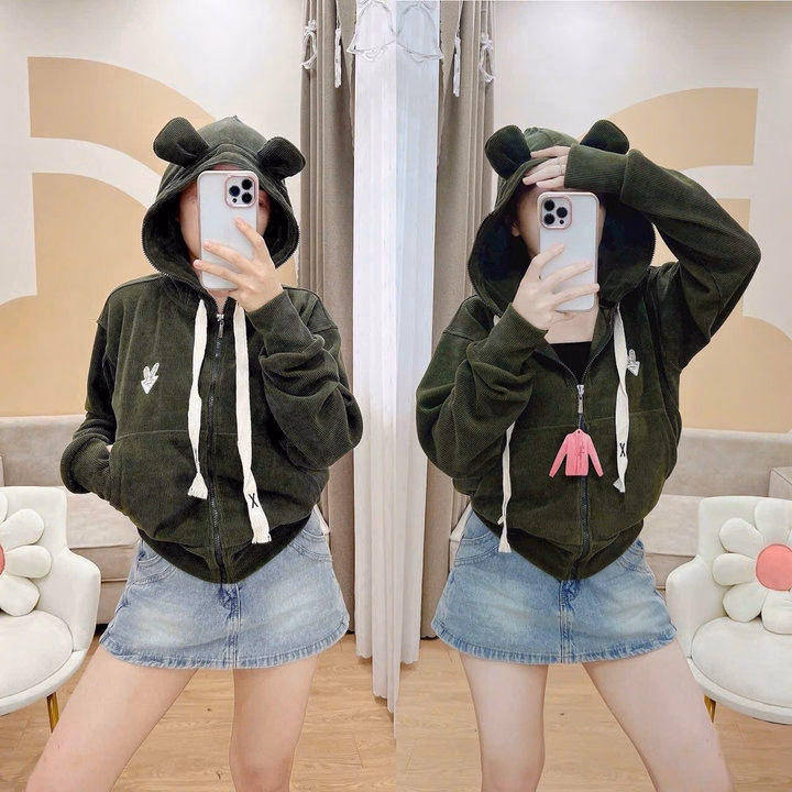 Áo Khoác Nhung Gân Nữ Dáng Lửng Phối Tai Thỏ Ở Nón Dễ Thương -Htm Fashion