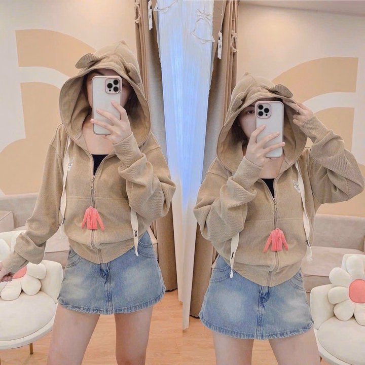 Áo Khoác Nhung Gân Nữ Dáng Lửng Phối Tai Thỏ Ở Nón Dễ Thương -Htm Fashion - Ảnh 4