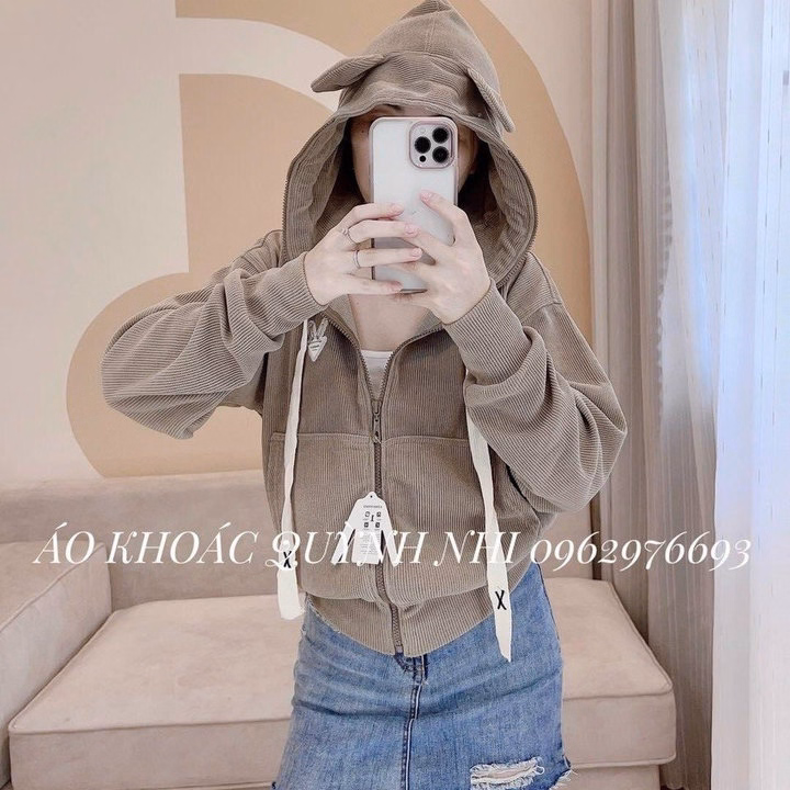 Áo Khoác Nhung Gân Nữ Dáng Lửng Phối Tai Thỏ Ở Nón Dễ Thương -Htm Fashion - Ảnh 5