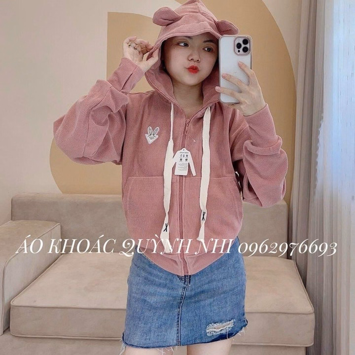 Áo Khoác Nhung Gân Nữ Dáng Lửng Phối Tai Thỏ Ở Nón Dễ Thương -Htm Fashion - Ảnh 6