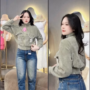 Áo Khoác Croptop Nữ Nhung Gân Cổ Đứng Thêu Bluck Phối 2 Túi Trước Áo -Htm Fashion