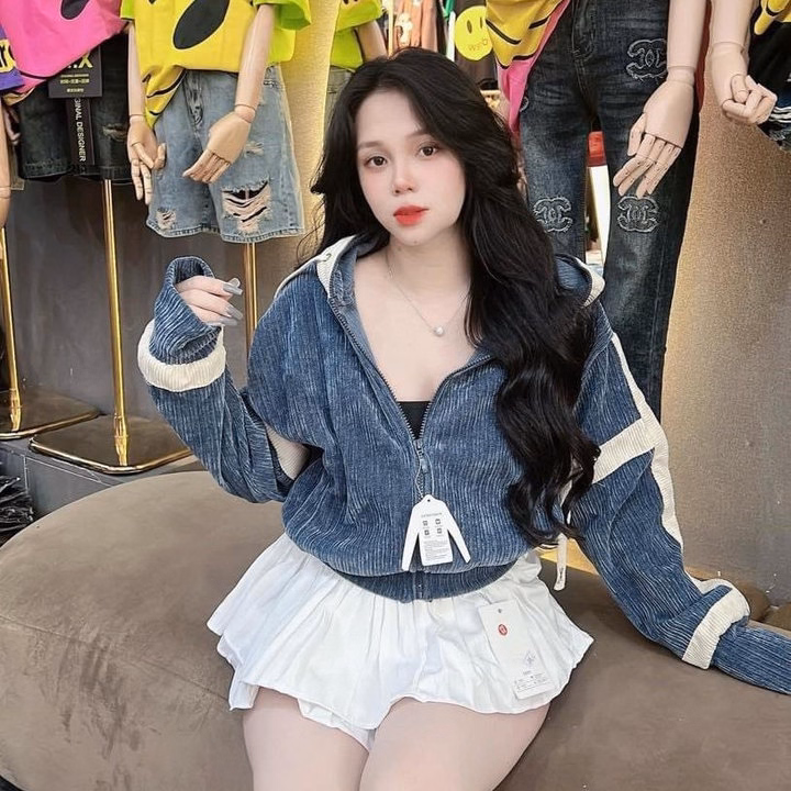 Áo Khoác Nhung Gân Nữ Croptop Có Nón Phối Sọc Chạy Viền Tay -Htm Fashion - Ảnh 2