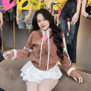 Áo Khoác Nhung Gân Nữ Croptop Có Nón Phối Sọc Chạy Viền Tay -Htm Fashion