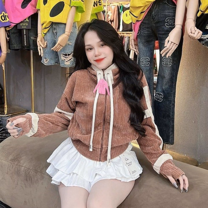 Áo Khoác Nhung Gân Nữ Croptop Có Nón Phối Sọc Chạy Viền Tay -Htm Fashion