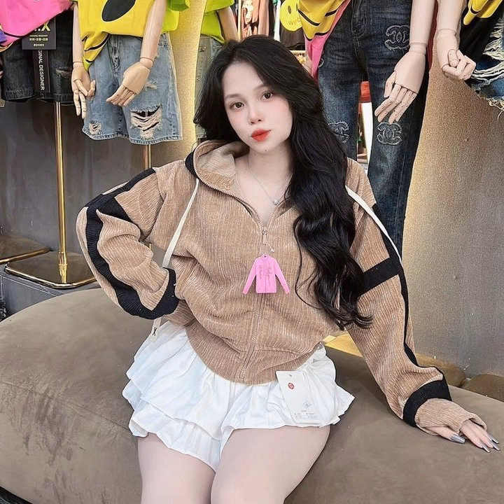 Áo Khoác Nhung Gân Nữ Croptop Có Nón Phối Sọc Chạy Viền Tay -Htm Fashion - Ảnh 4