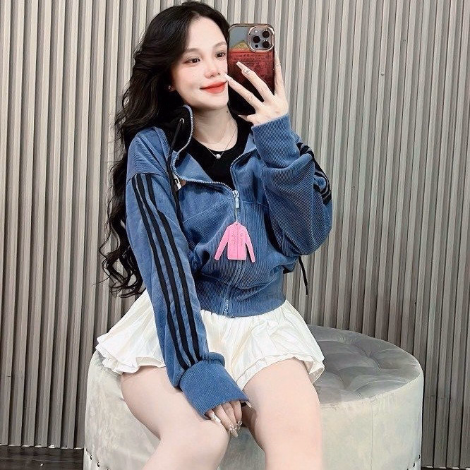 Áo Khoác Nhung Gân Nữ Có Nón Thêu Chữ Min Phối Tay 3 Sọc -Htm Fashion - Ảnh 3