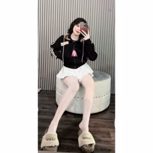 Áo Khoác Nhung Gân Nữ Có Nón Thêu Chữ Min Phối Tay 3 Sọc -Htm Fashion