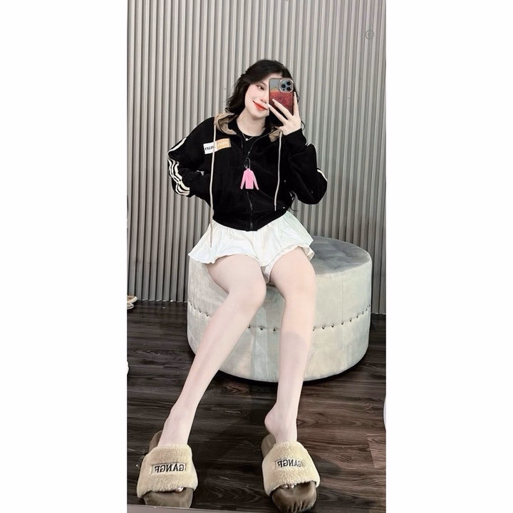 Áo Khoác Nhung Gân Nữ Có Nón Thêu Chữ Min Phối Tay 3 Sọc -Htm Fashion