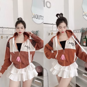 Áo Khoác Nhung Gân Nữ Có Nón Thêu Joilin Dáng Lửng -Htm Fashion