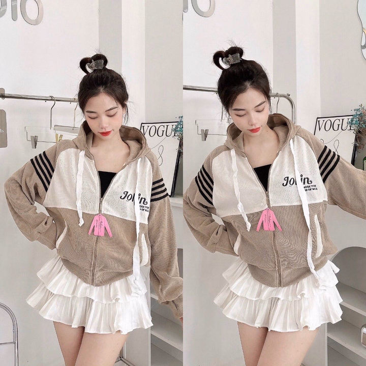 Áo Khoác Nhung Gân Nữ Có Nón Thêu Joilin Dáng Lửng -Htm Fashion - Ảnh 4