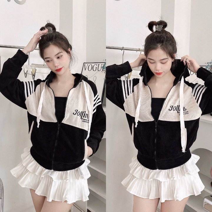 Áo Khoác Nhung Gân Nữ Có Nón Thêu Joilin Dáng Lửng -Htm Fashion - Ảnh 3