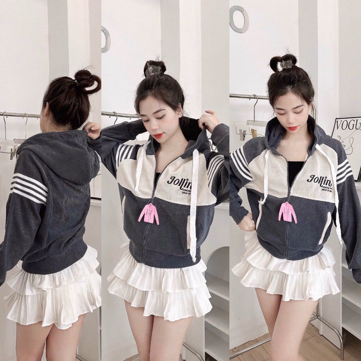 Áo Khoác Nhung Gân Nữ Có Nón Thêu Joilin Dáng Lửng -Htm Fashion - Ảnh 2