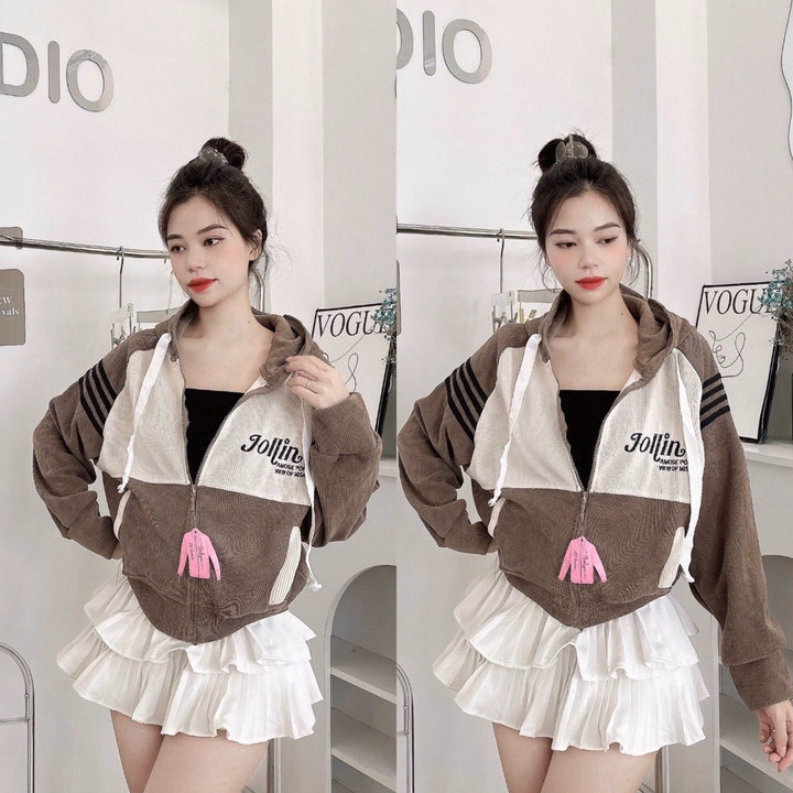 Áo Khoác Nhung Gân Nữ Có Nón Thêu Joilin Dáng Lửng -Htm Fashion - Ảnh 5