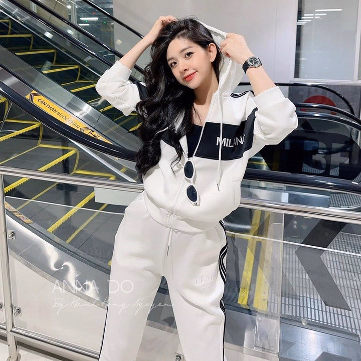 Set Bộ Đồ Nỉ Nữ Có Nón Phối 3 Sọc Thêu Milano Chất Nỉ Mềm Mịn Sang Chảnh -Htm Fashion - Ảnh 4