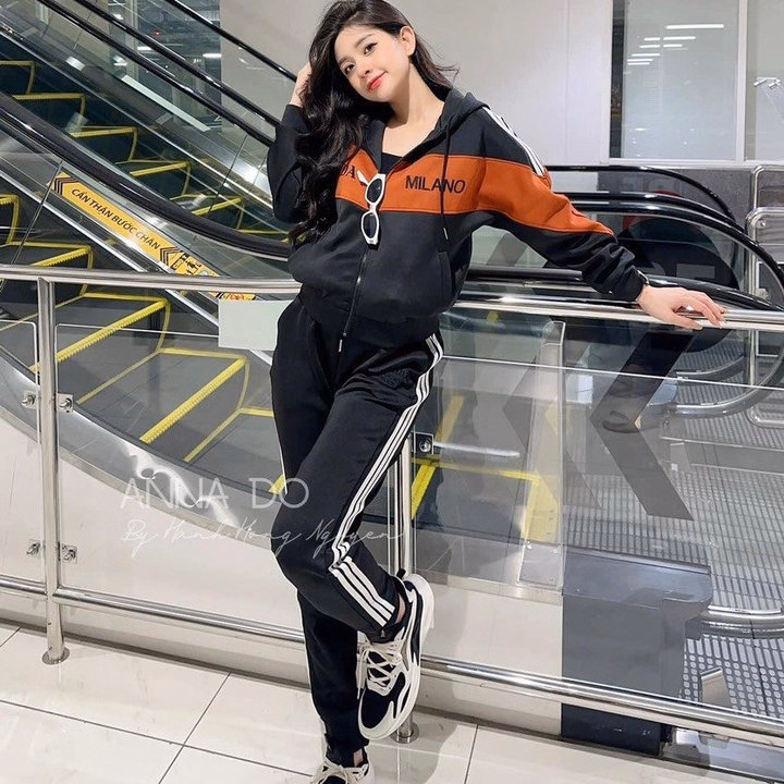 Set Bộ Đồ Nỉ Nữ Có Nón Phối 3 Sọc Thêu Milano Chất Nỉ Mềm Mịn Sang Chảnh -Htm Fashion - Ảnh 6