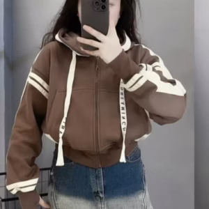 Áo Khoác Nỉ Nữ Phối Tay 2 Sọc Ngang Có Nón Dày 2 Lớp -Htm Fashion