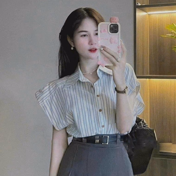 Set Áo Linen Sọc Phối Váy Cotton Lạnh Kèm Dây Nịt Bt975- Nana House - Ảnh 3