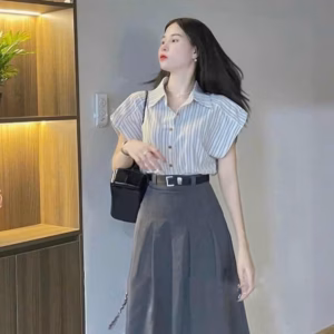 Set Áo Linen Sọc Phối Váy Cotton Lạnh Kèm Dây Nịt Bt975- Nana House