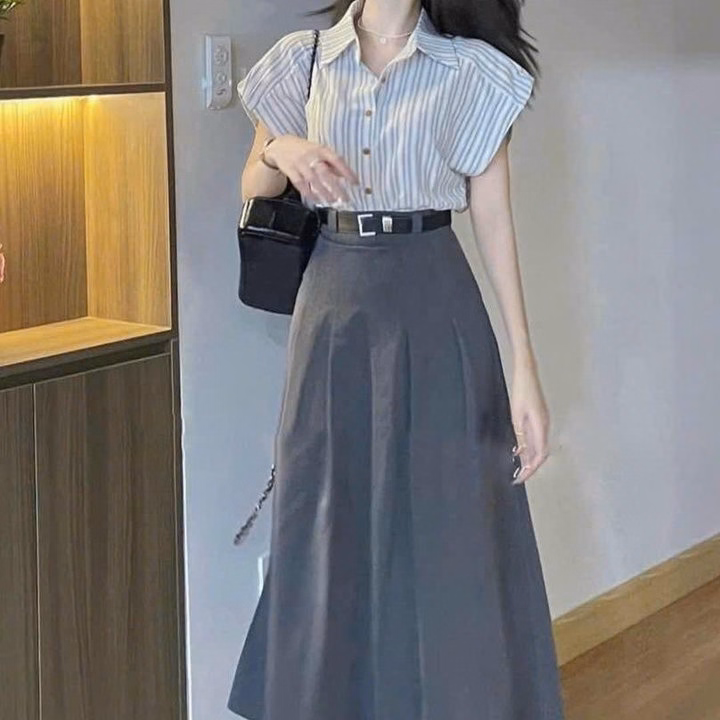 Set Áo Linen Sọc Phối Váy Cotton Lạnh Kèm Dây Nịt Bt975- Nana House - Ảnh 4