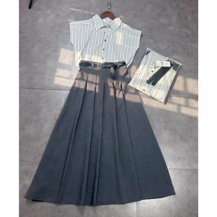 Set Áo Linen Sọc Phối Váy Cotton Lạnh Kèm Dây Nịt Bt975- Nana House - Ảnh 5